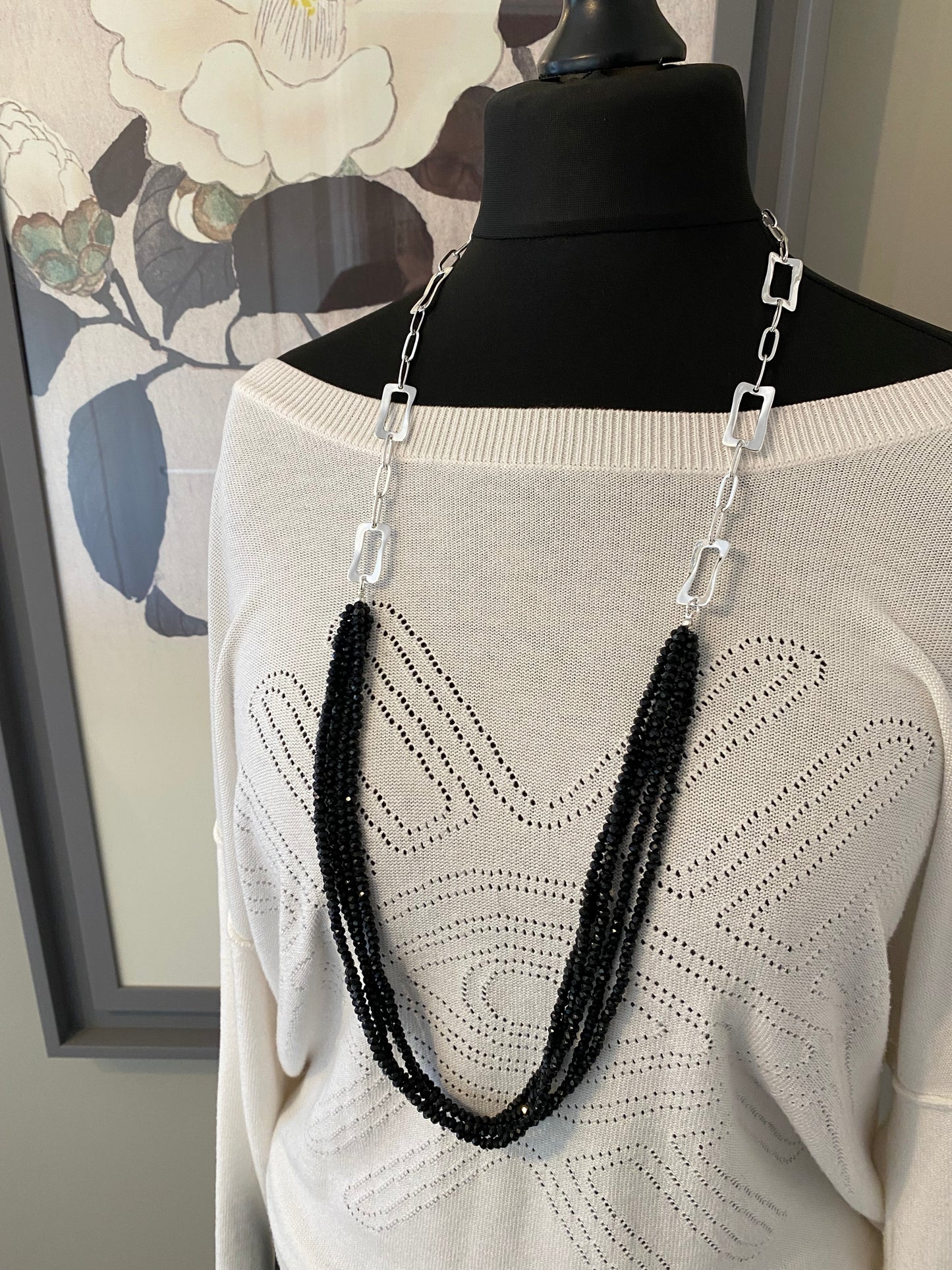 Long Silver Necklace with Black Beading