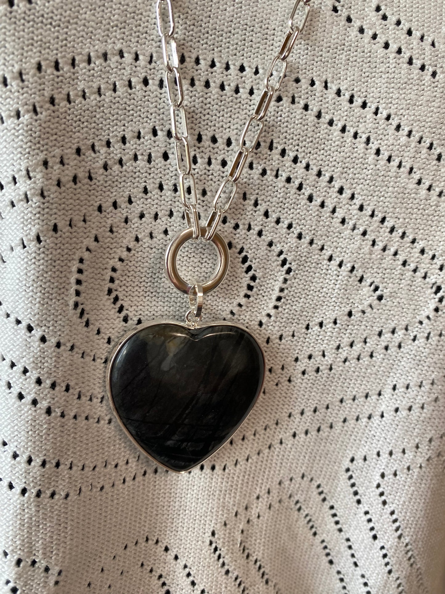 Grey Marble Heart Pendant on Silver Plated Chain