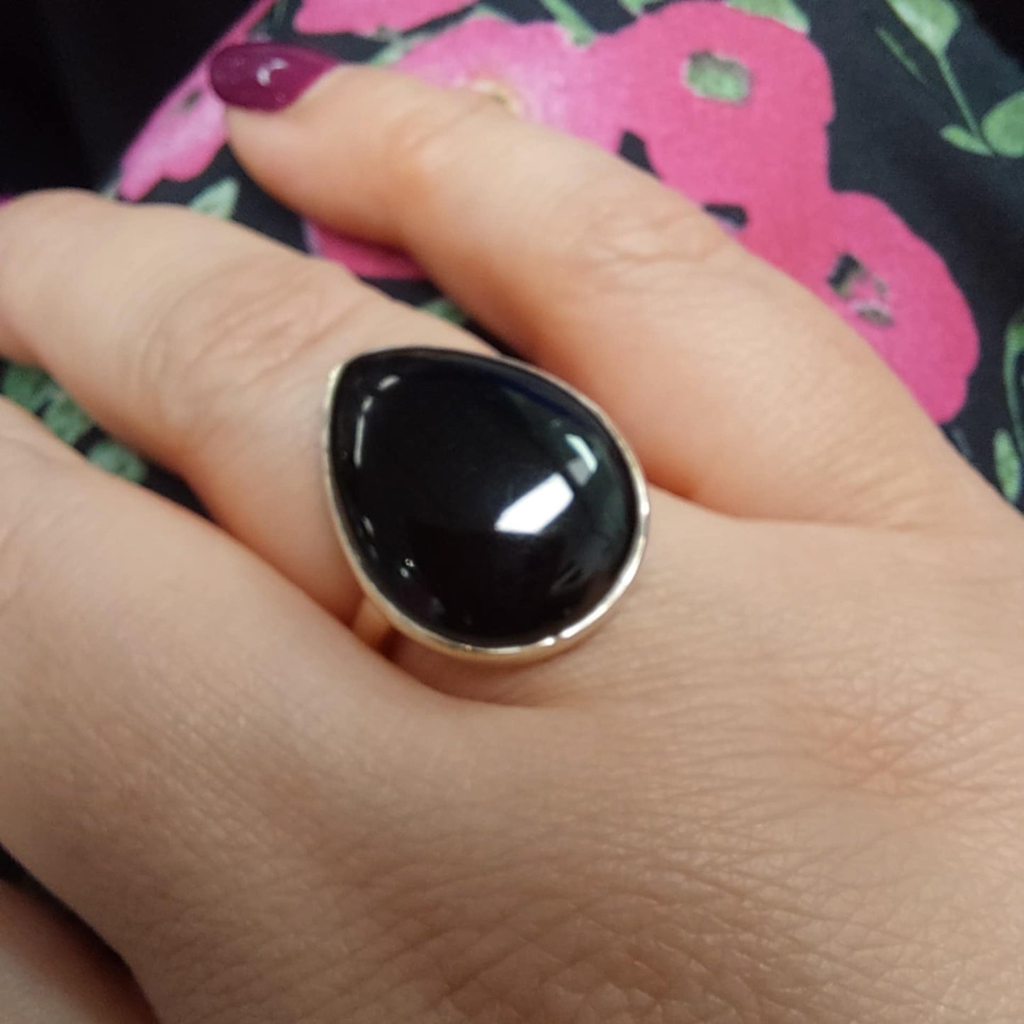 Whitby Jet Large Teardrop Ring in Sterling Silver