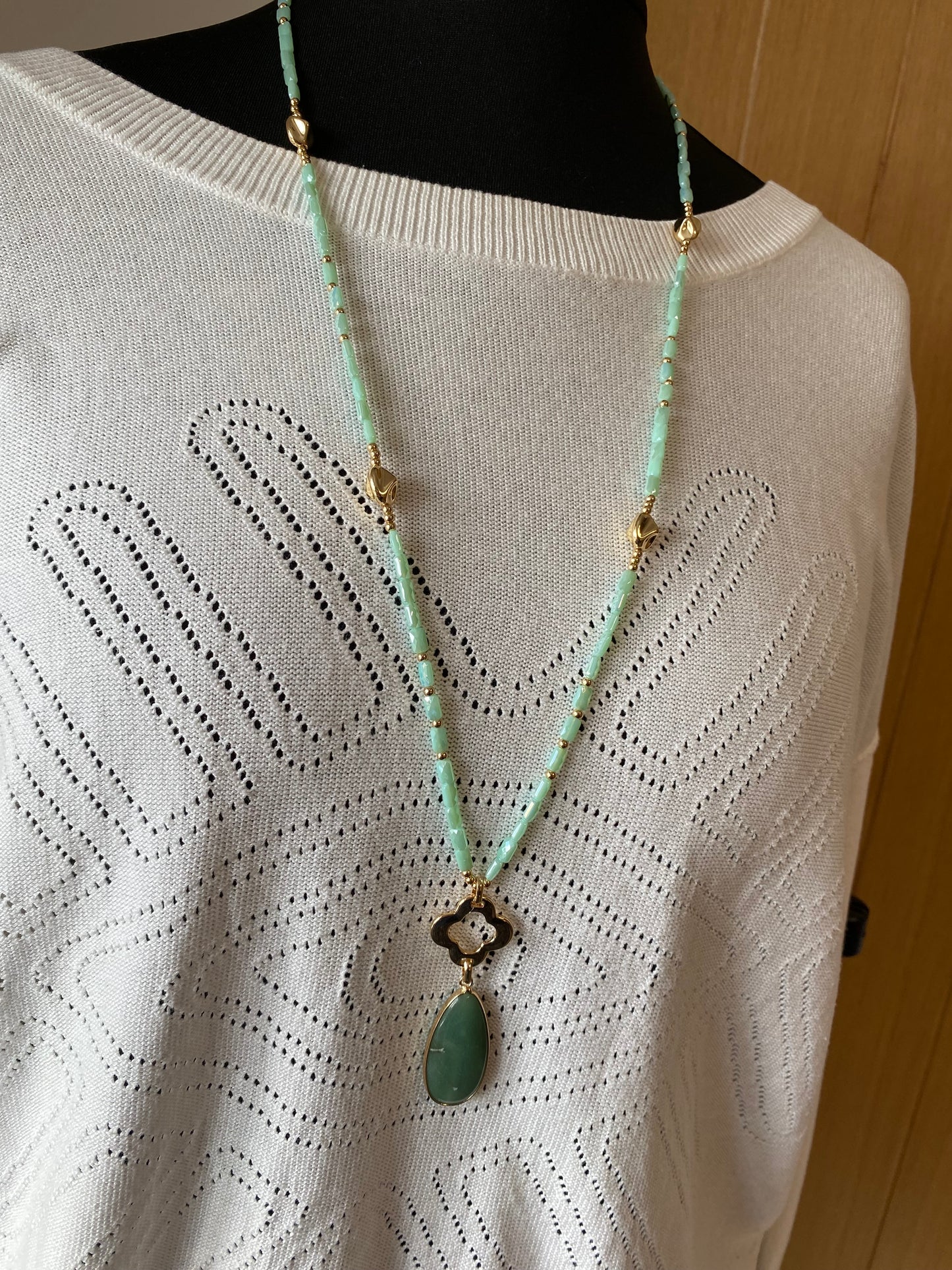 Green Aventurine Long Necklace in Gold Plating