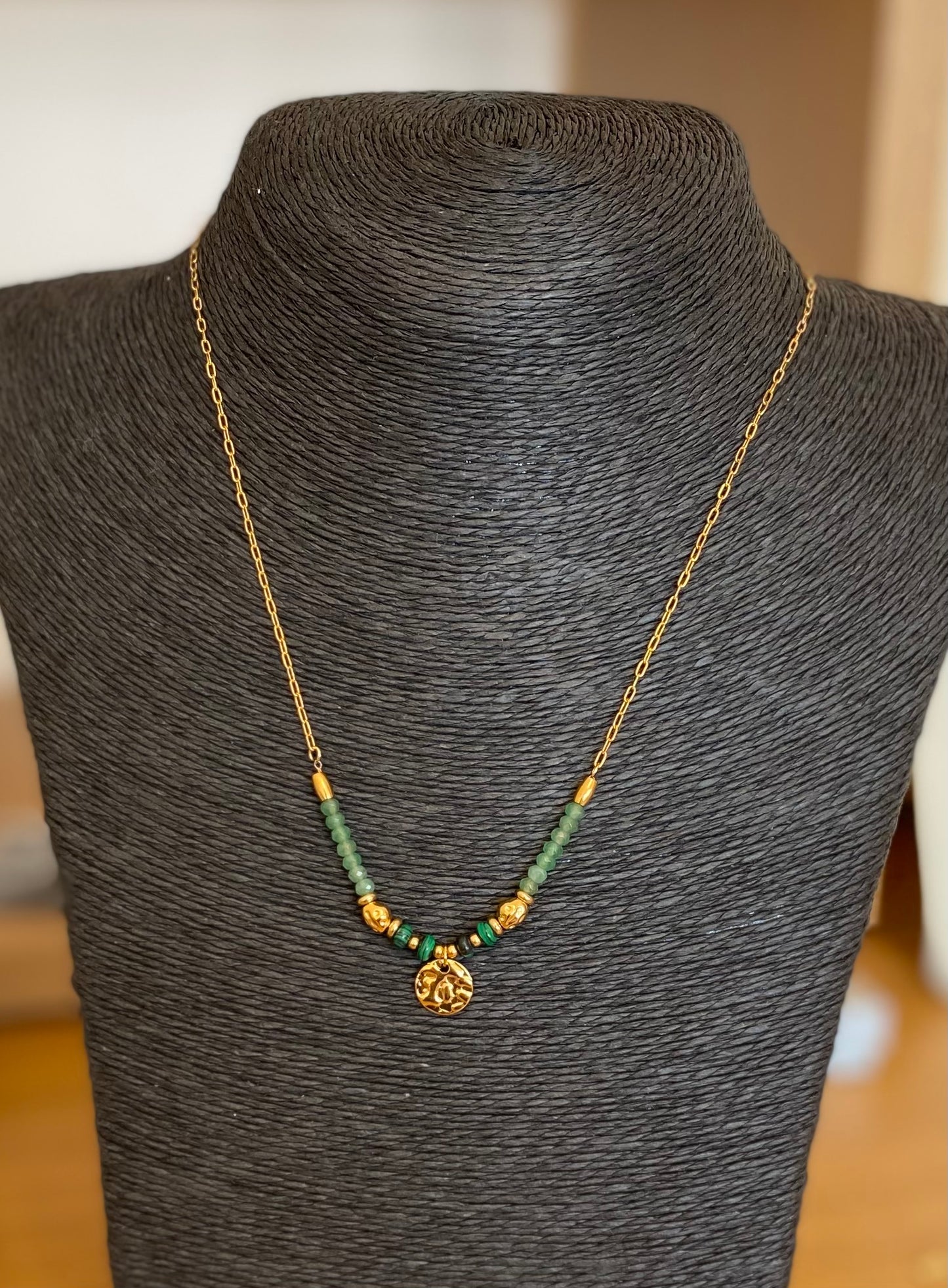 Green with Gold Hammered Disc Waterproof Necklace