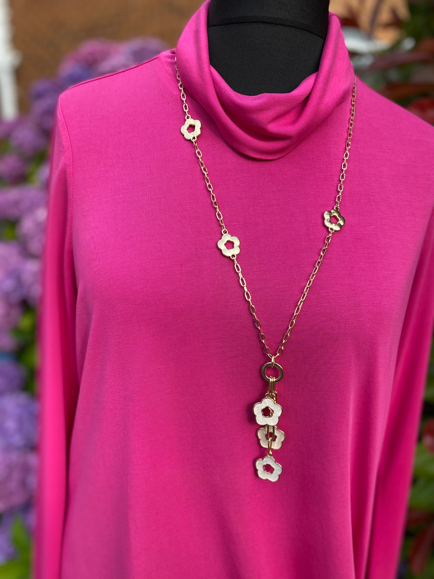 Daisy Chain White Enamel Long Necklace in Gold Plate