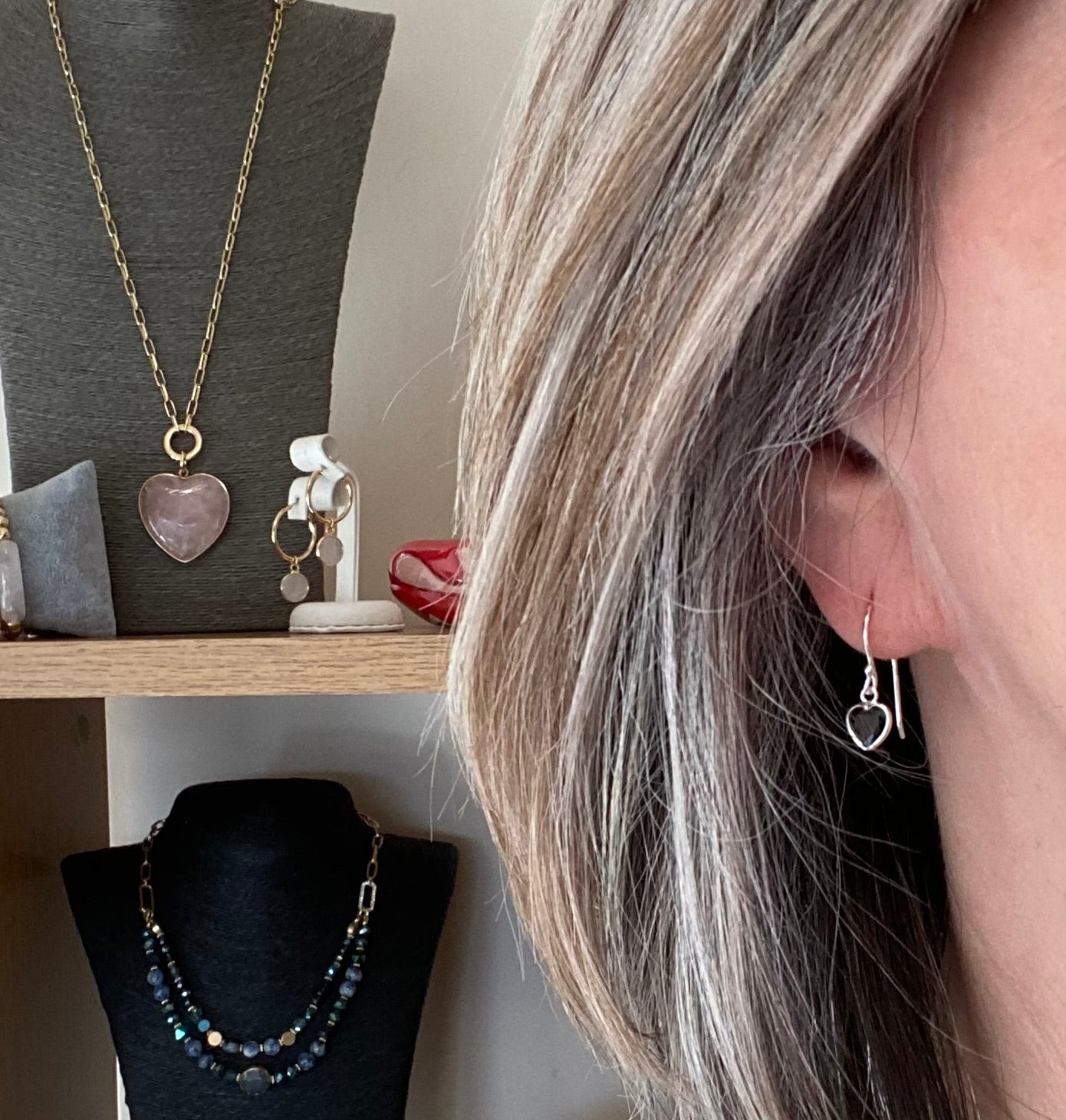 Sterling Silver Hook Earrings with Black Crystal Heart