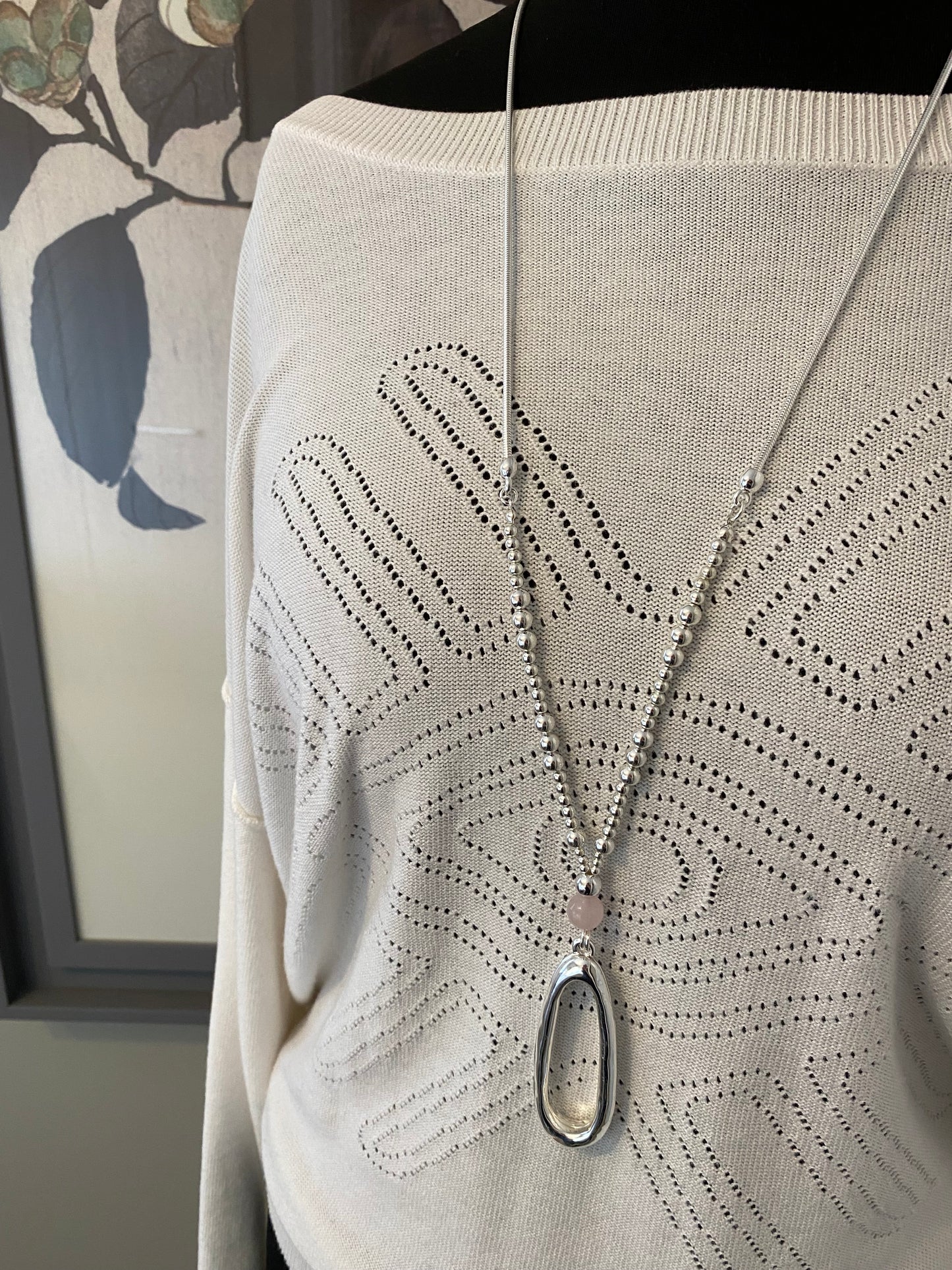 Long Silver Necklace with Modern Oval Charm