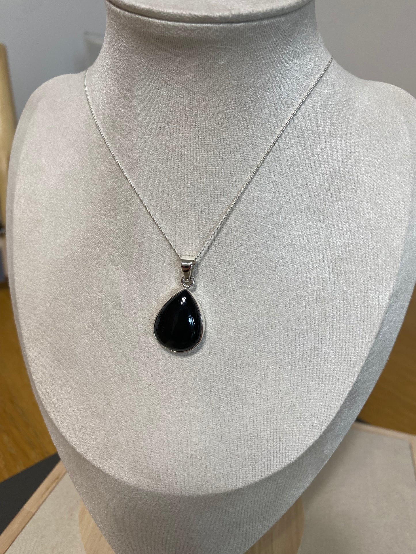 Whitby Jet Small Teardrop Pendant in Sterling Silver