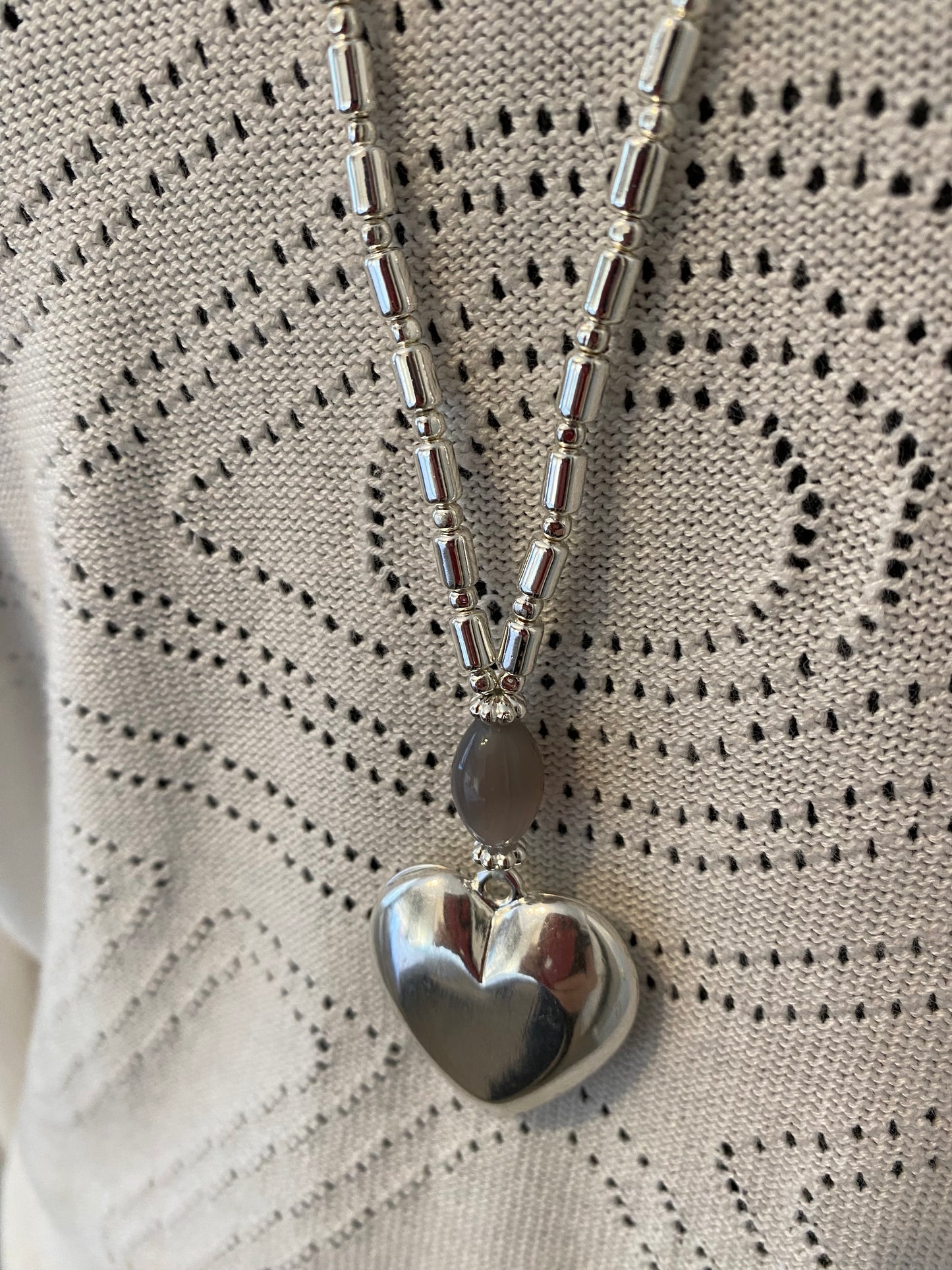 Long Silver Necklace with Chunky Heart Charm