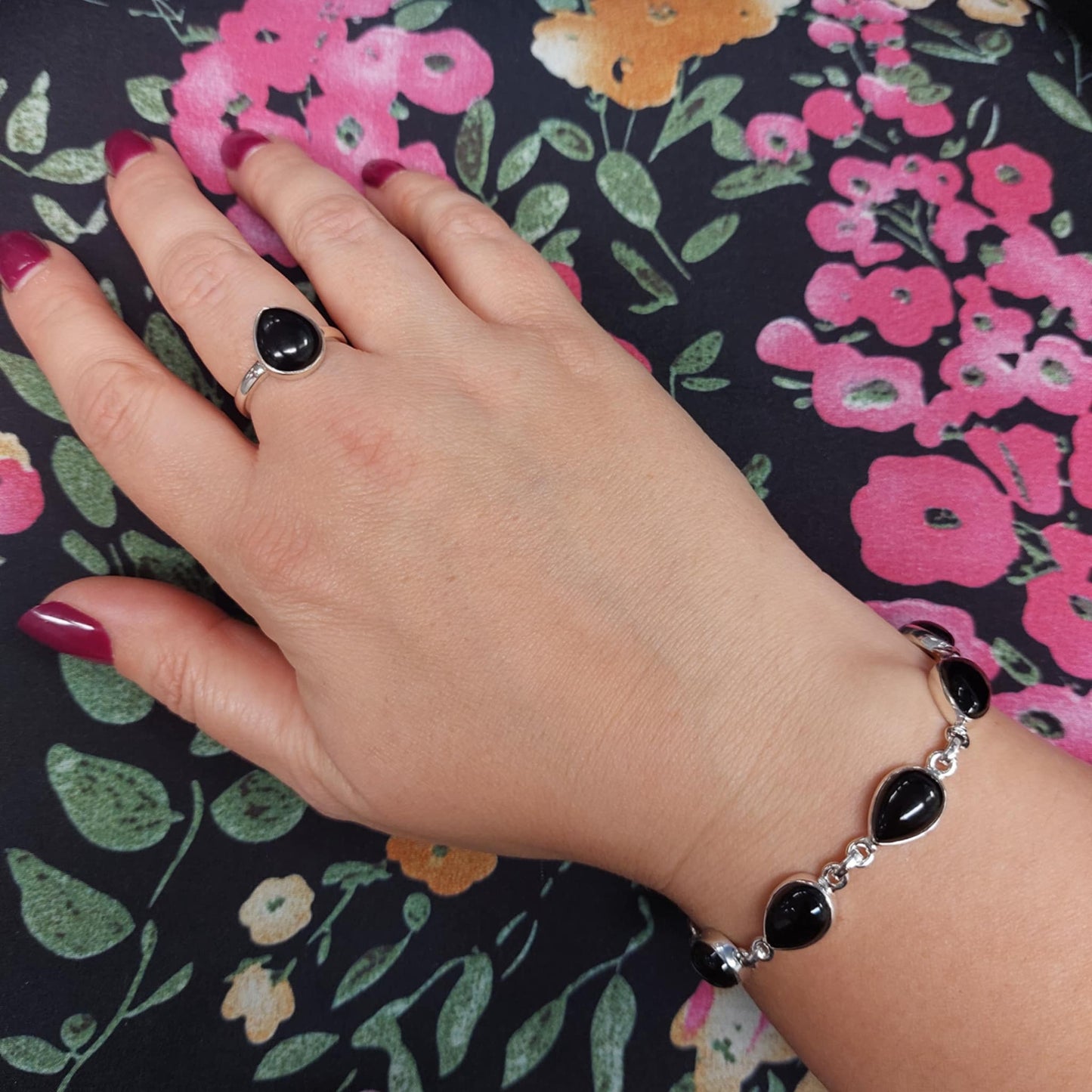 Whitby Jet Teardop Bracelet in Sterling Silver