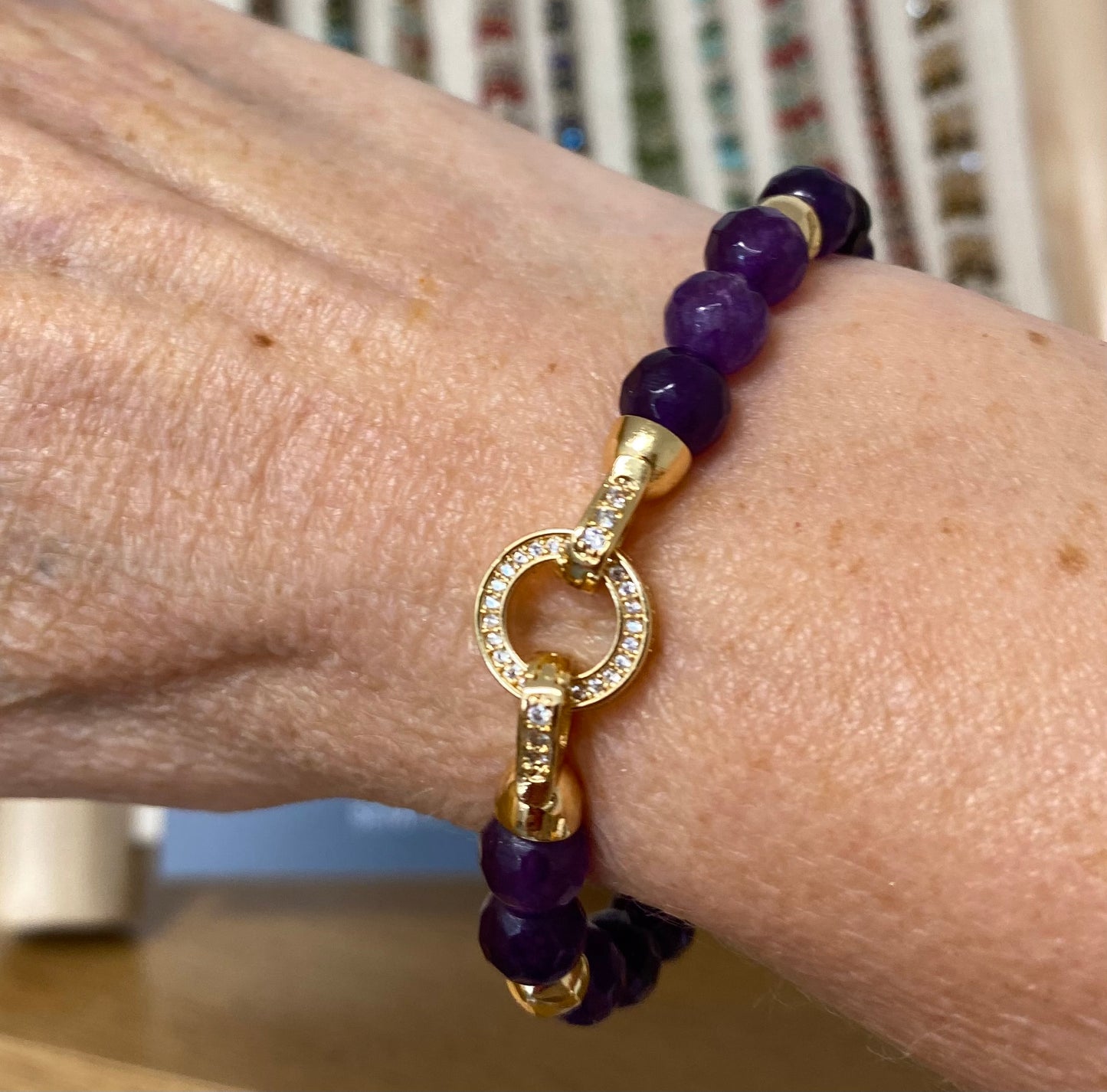 Amethyst Gold Plated Stretch Bracelet with Crystals