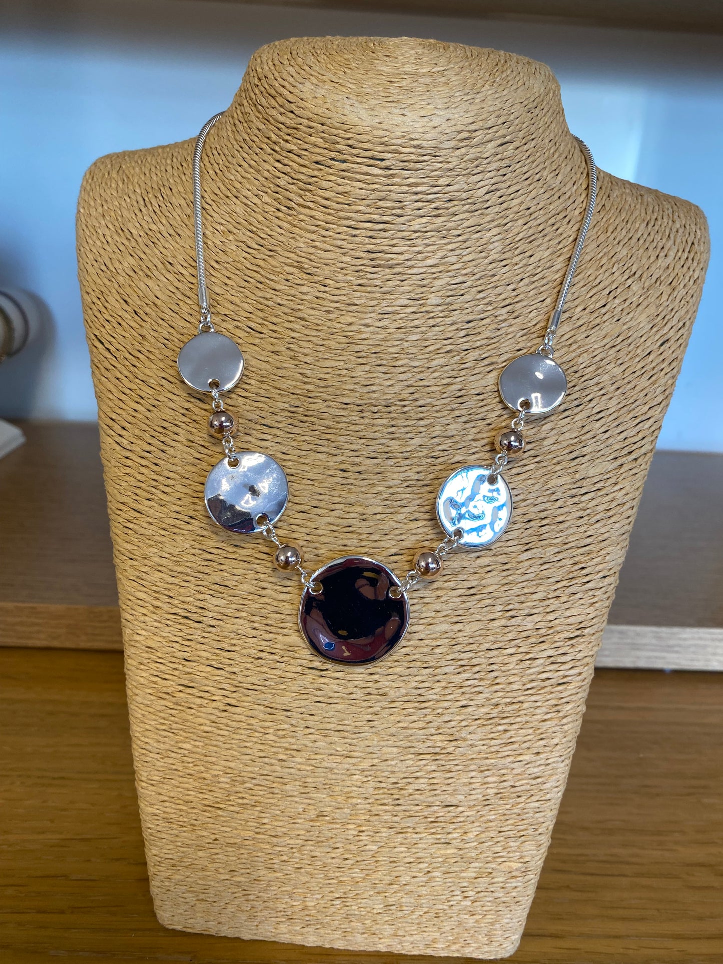 Silver Disc Necklace with Rose Gold Beads