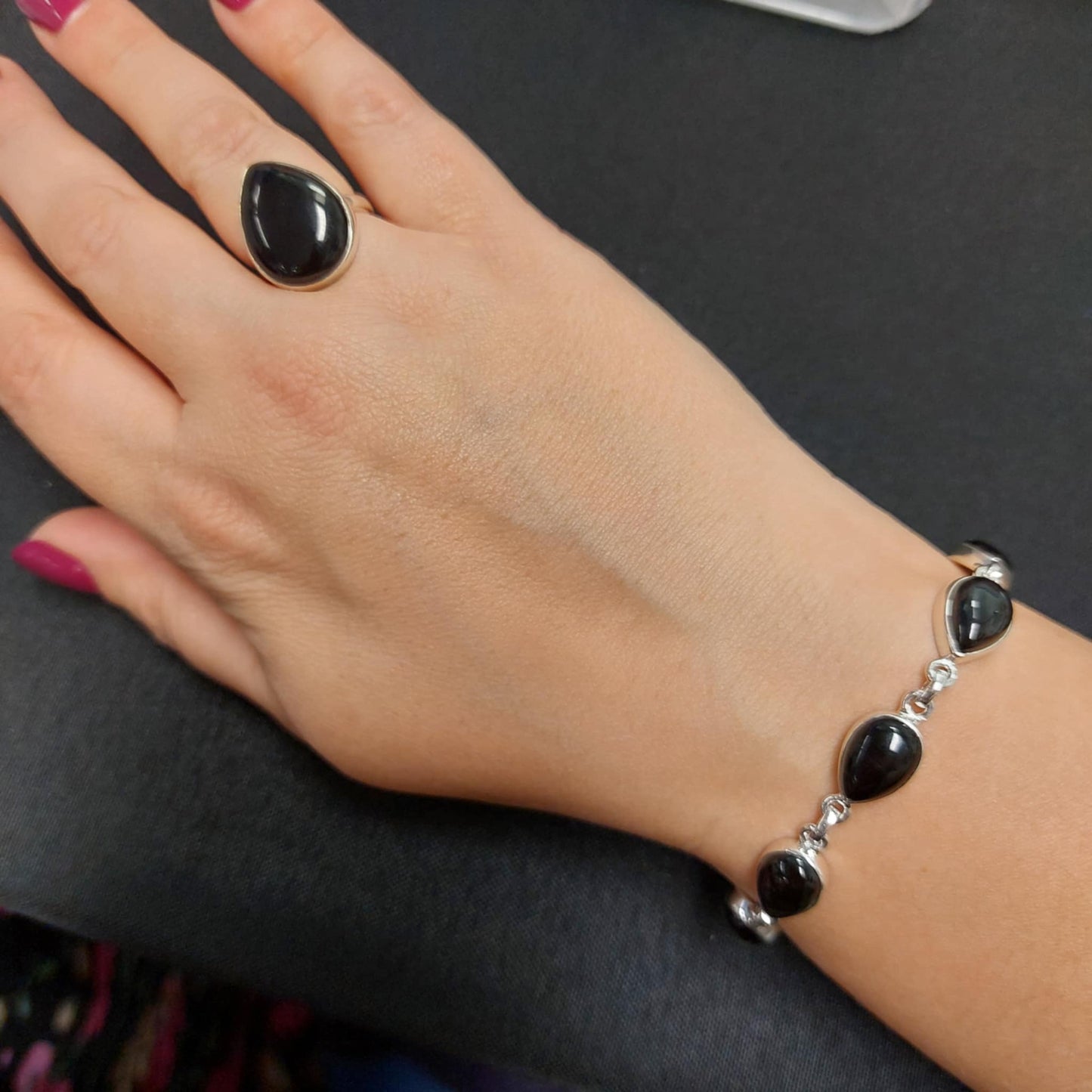 Whitby Jet Teardop Bracelet in Sterling Silver