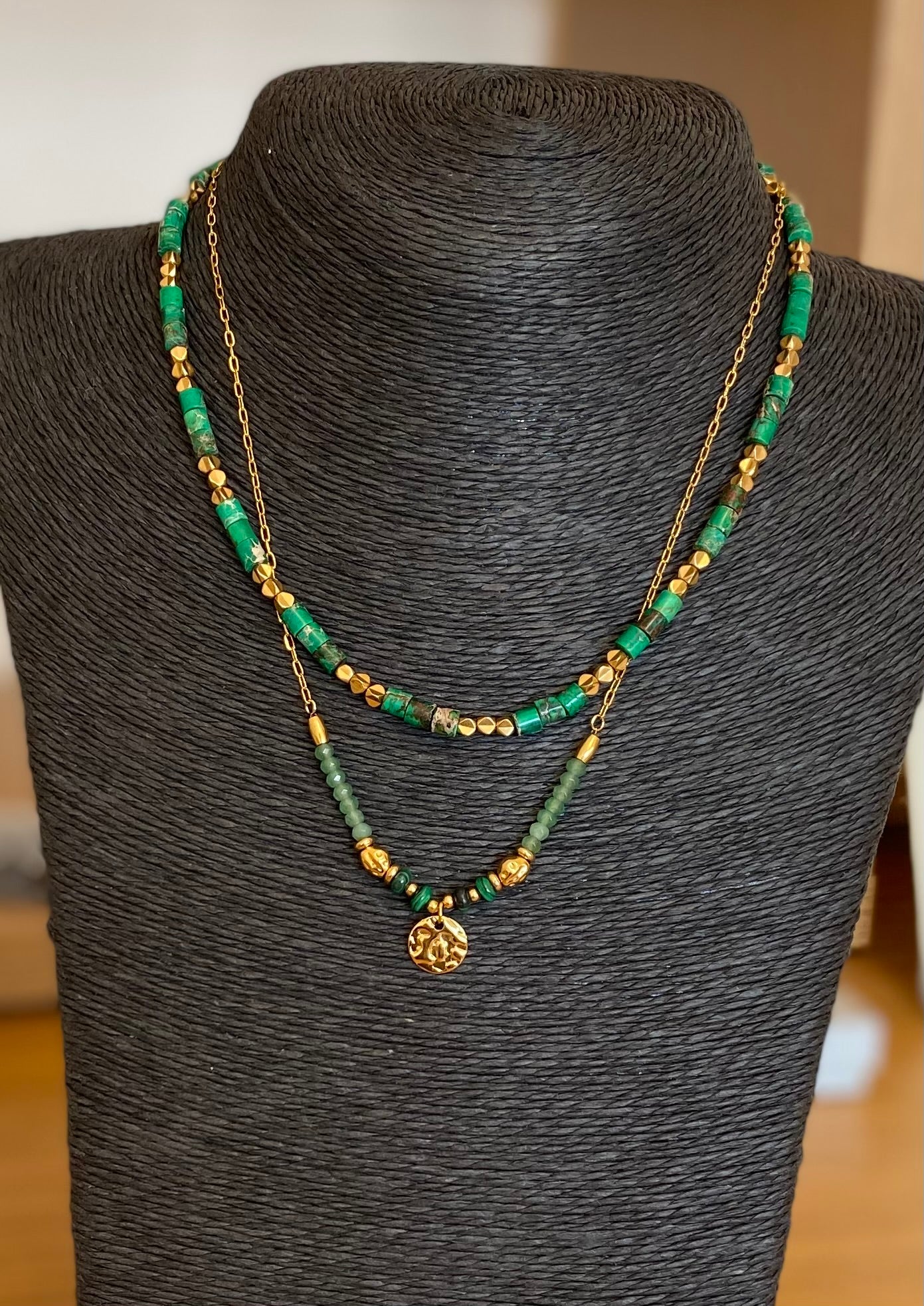 Green with Gold Hammered Disc Waterproof Necklace