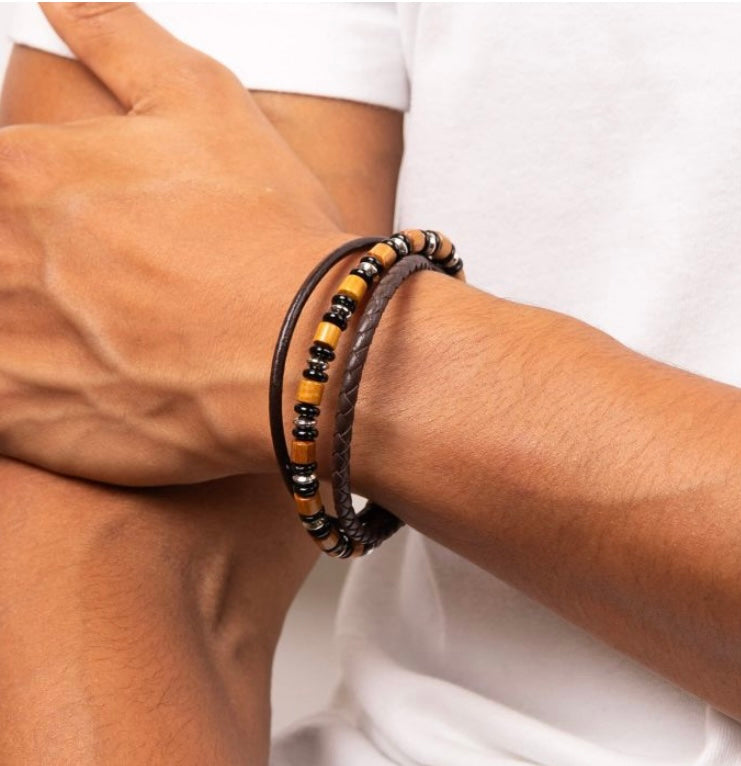 Fred Bennett Multi Layered Leather Bracelet with Wood and Black Onyx Beads