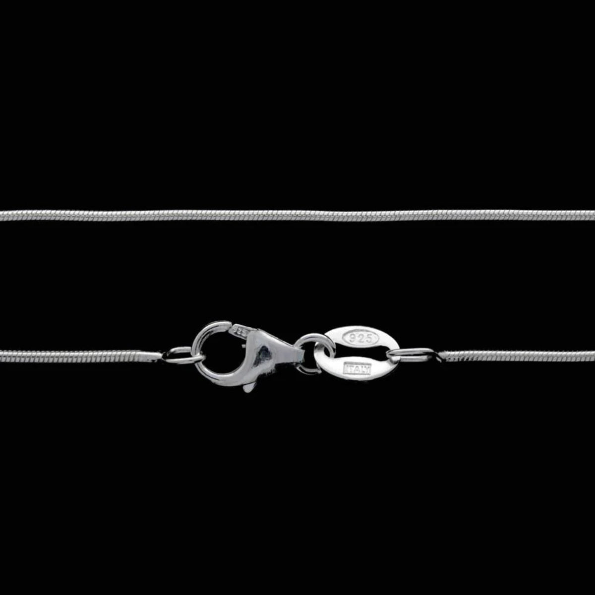 Sterling silver classic round snake chain marked with 925 by Italy on a black background.