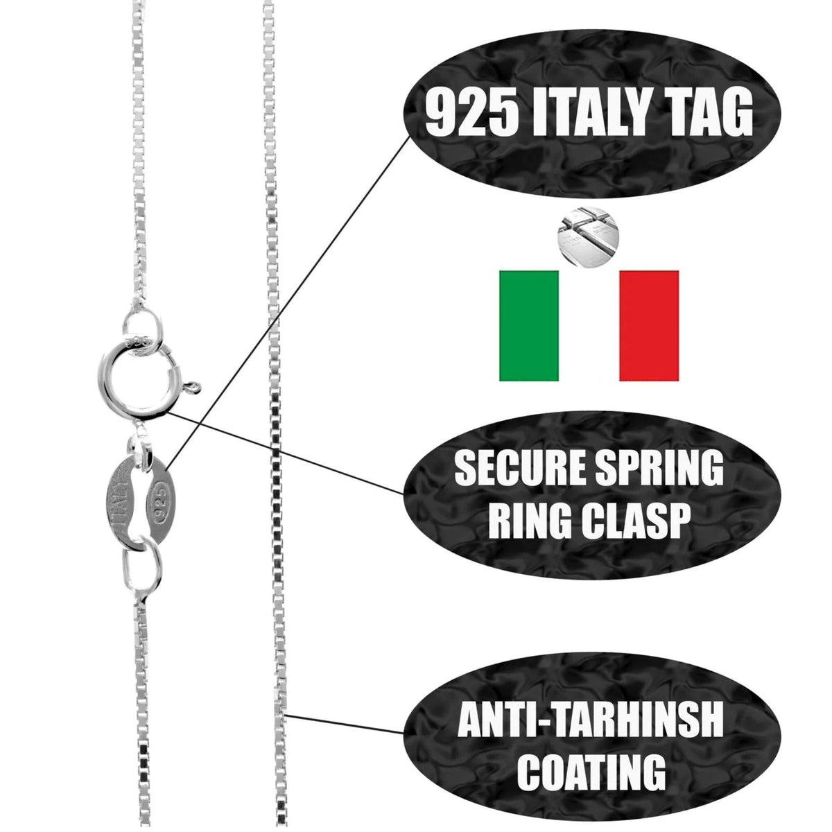 Silver box chain necklace of sterling silver, marked with 925 Italy tag, including the secure spring ring clasp and anti-tarnish coating.