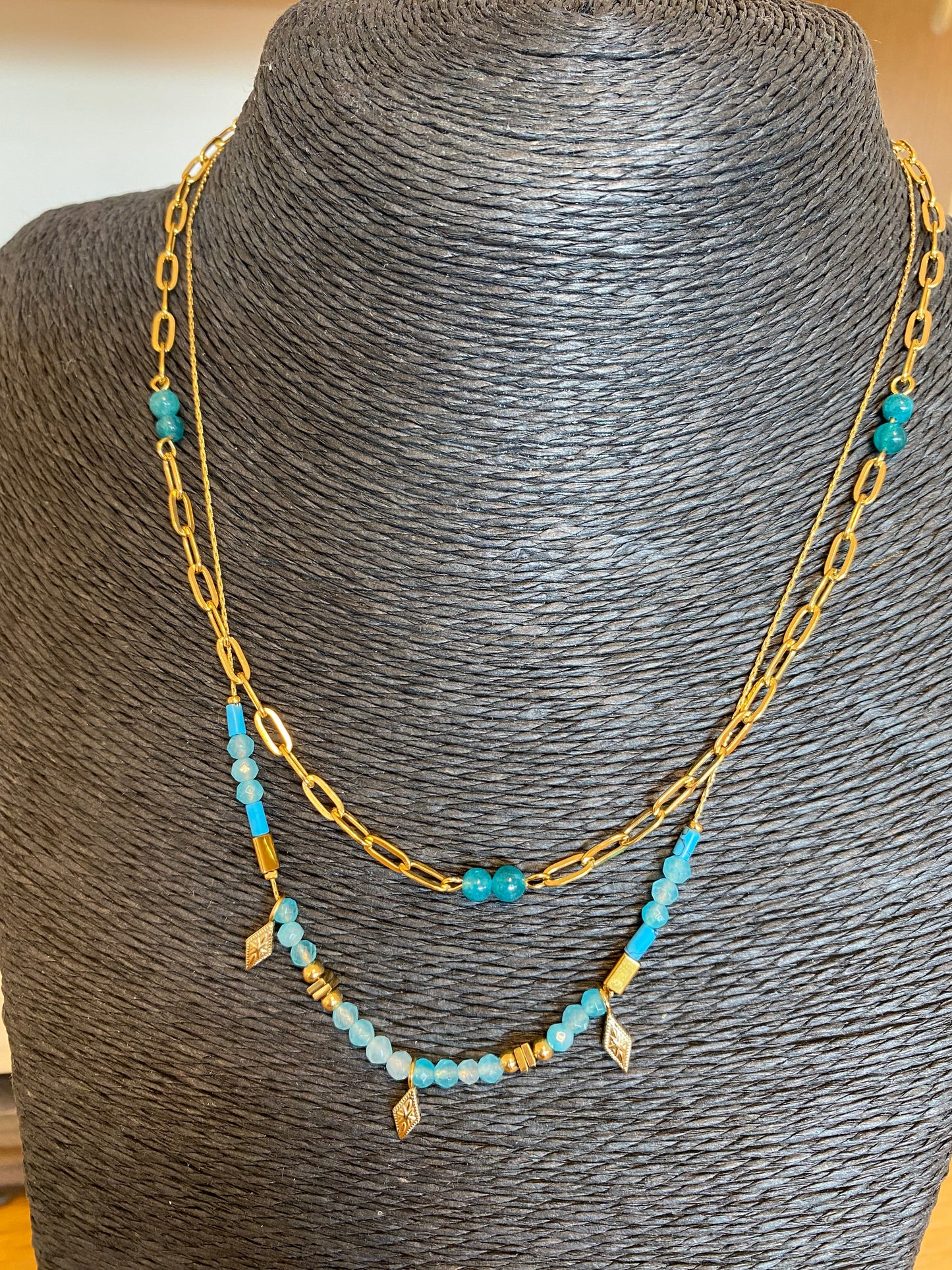 Turquoise and Gold Double Layer Waterproof Necklace