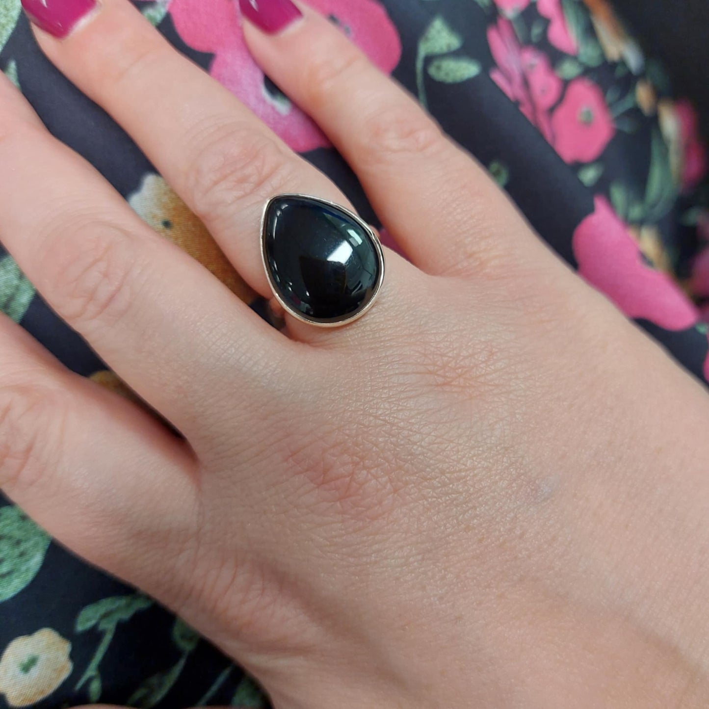 Whitby Jet Large Teardrop Ring in Sterling Silver