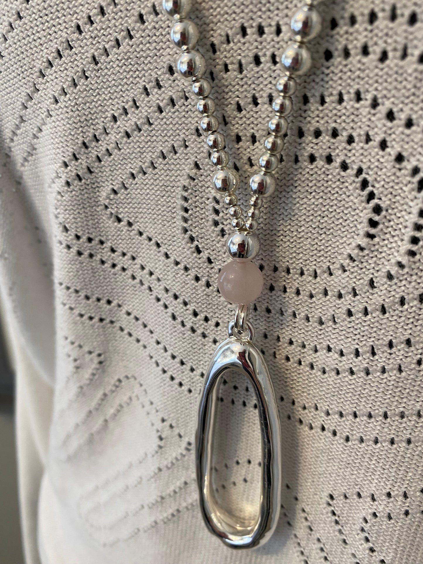 Long Silver Necklace with Modern Oval Charm