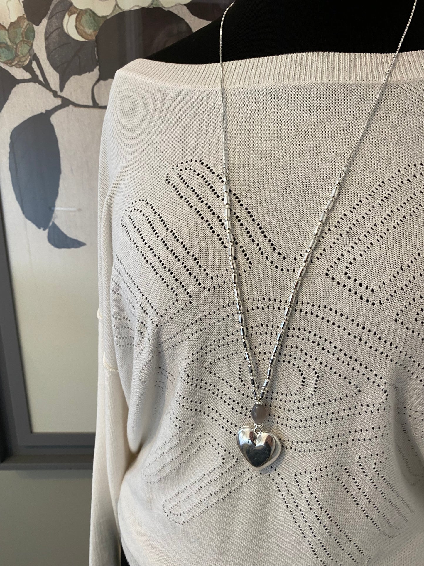 Long Silver Necklace with Chunky Heart Charm