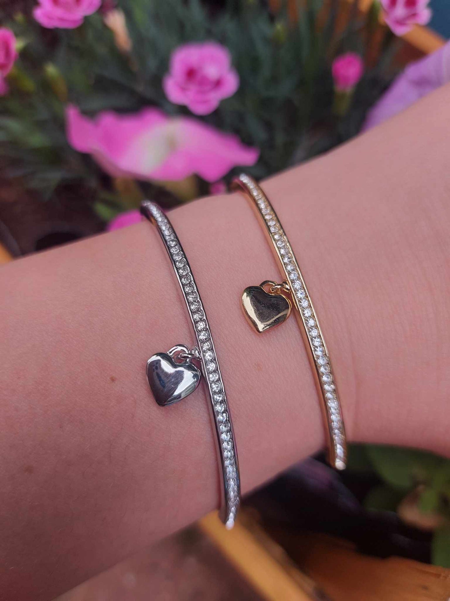 CLEAR CRYSTALS GOLD HEART PENDANT DRAWSTRING BRACELET