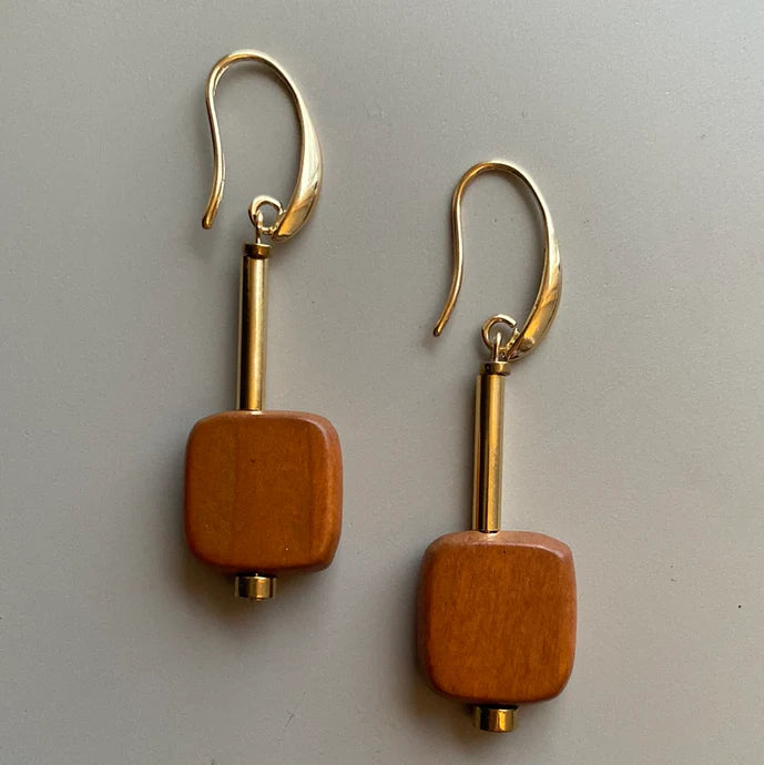 Wood and Gold Plated Hook Earrings