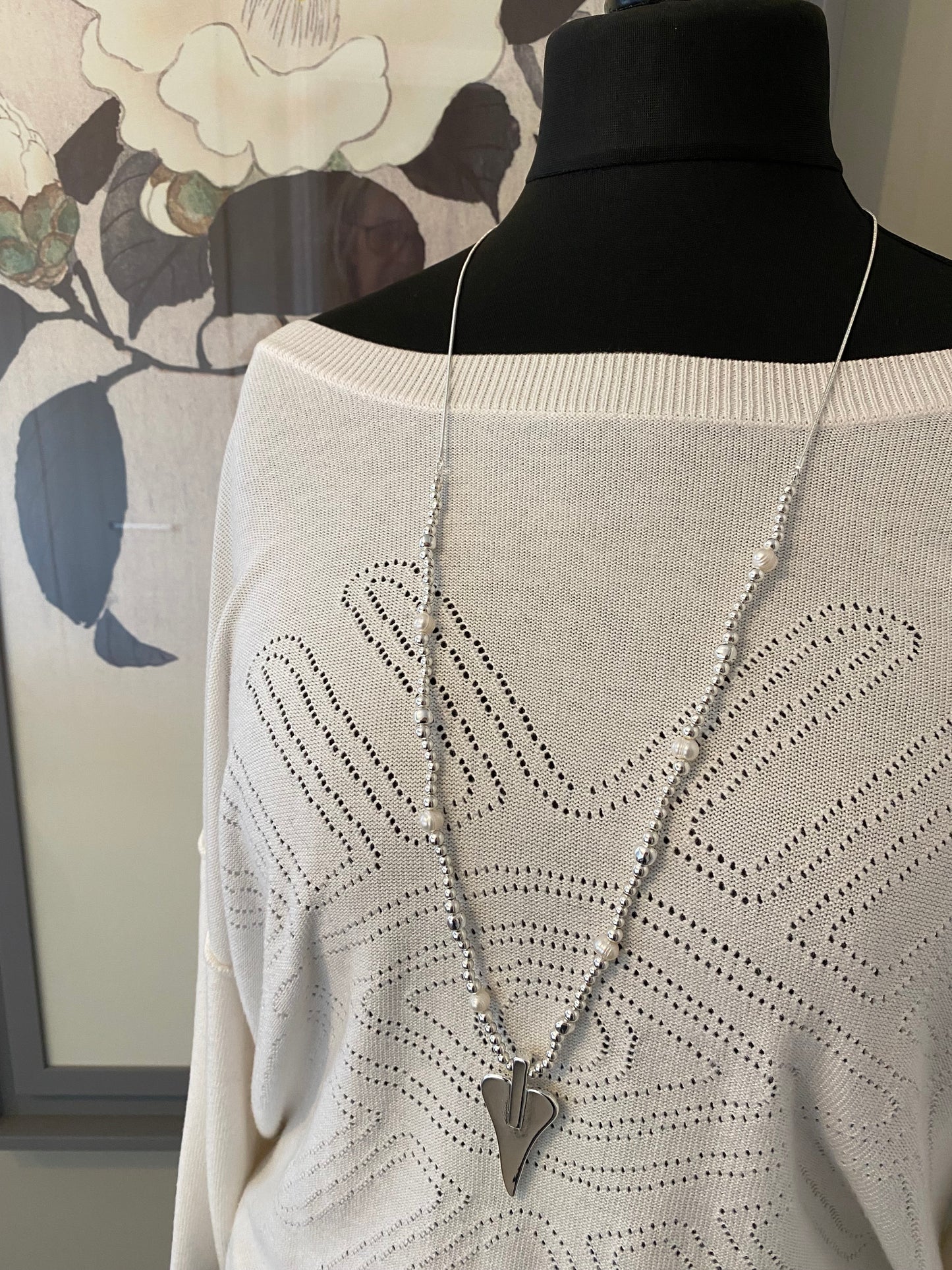 Long Silver Heart Necklace with Freshwater Pearls