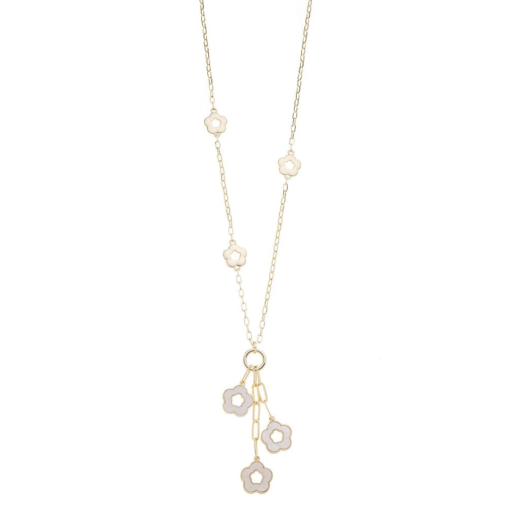 Daisy Chain White Enamel Long Necklace in Gold Plate