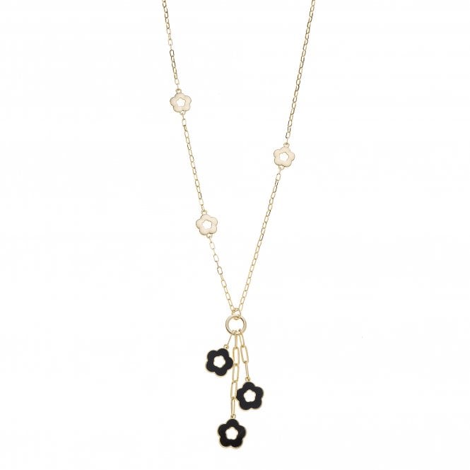 Daisy Chain Black Enamel Necklace in Gold Plate