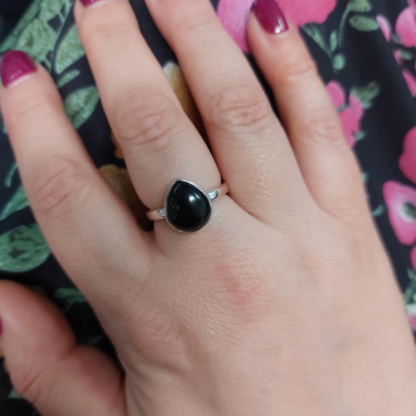 Whitby Jet Small Teardrop Ring in Sterling Silver