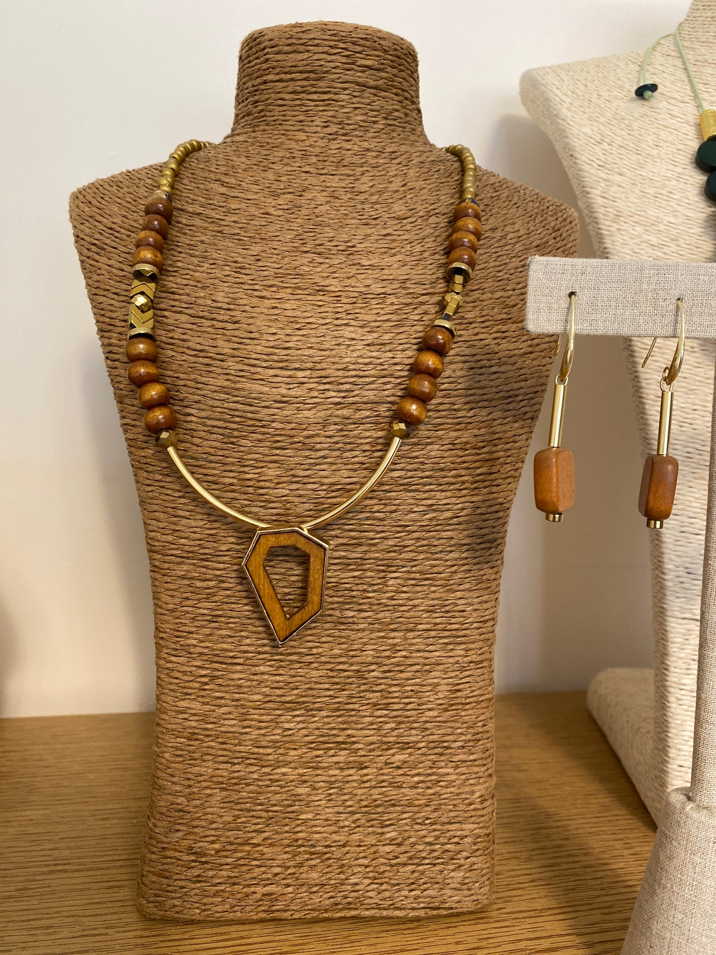 Brown Wood and Seed Bead Necklace in Gold Plate