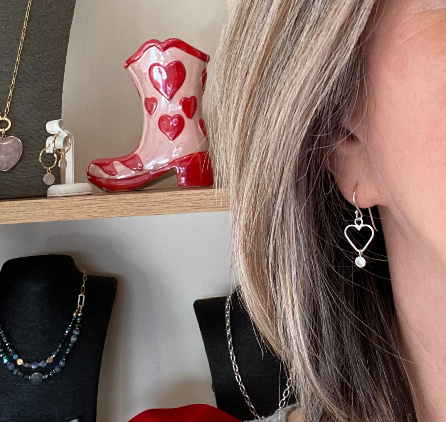 Sterling Silver Hook Earrings with Heart and Crystal