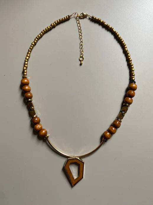 Brown Wood and Seed Bead Necklace in Gold Plate