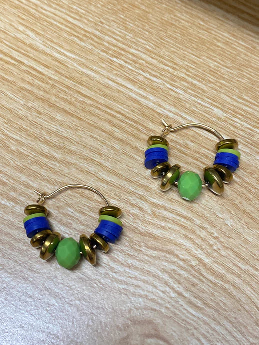 Gist Jewellery Green Crystal and Blue Clay Hoop Earrings
