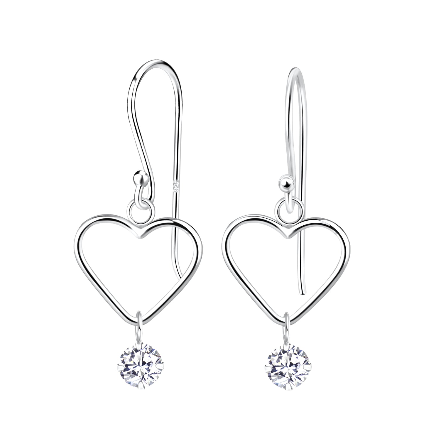 Sterling Silver Hook Earrings with Heart and Crystal