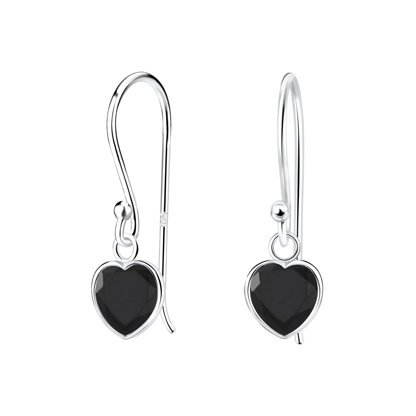 Sterling Silver Hook Earrings with Black Crystal Heart