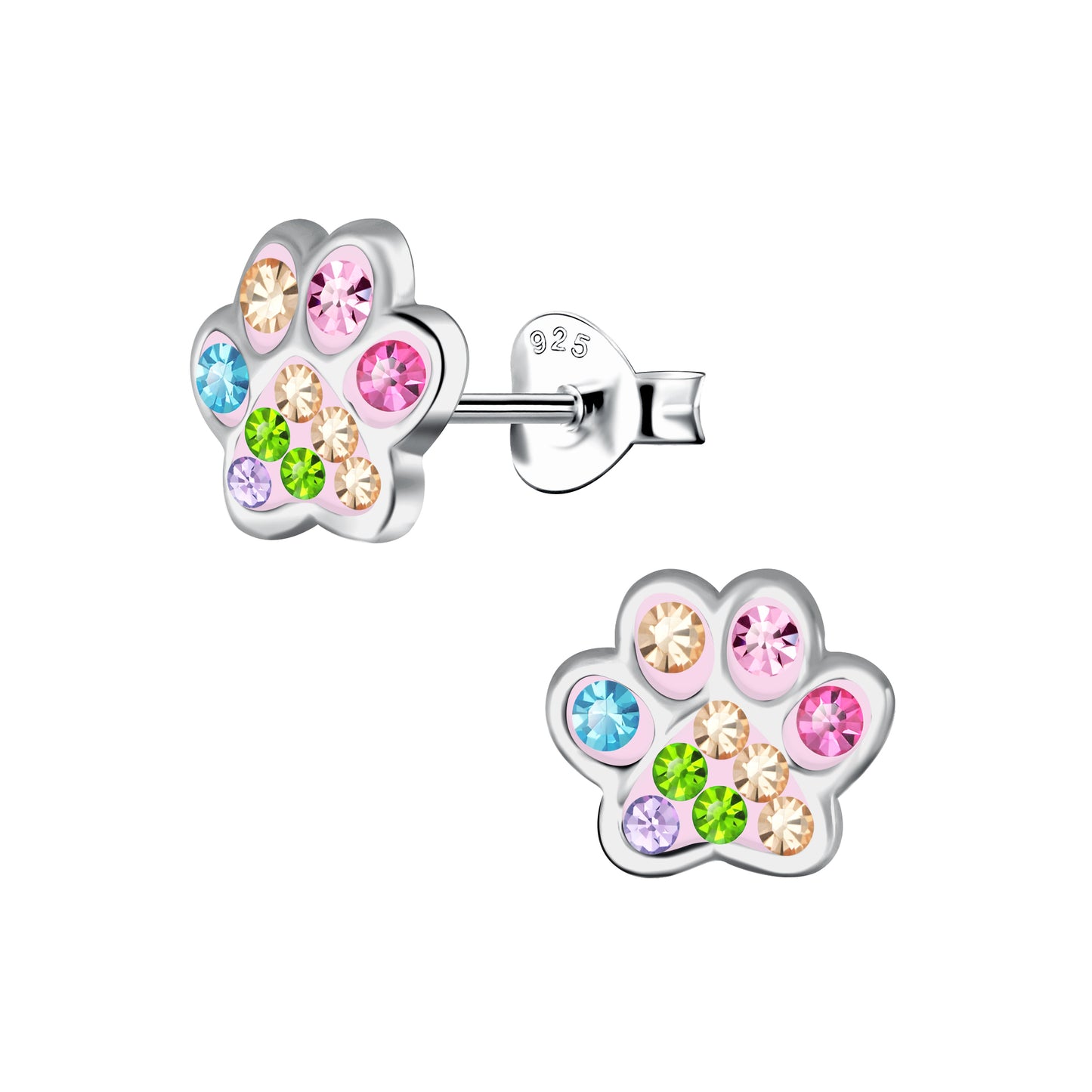 Children's Sterling Silver Coloured Crystal Paw Print Stud Earrings