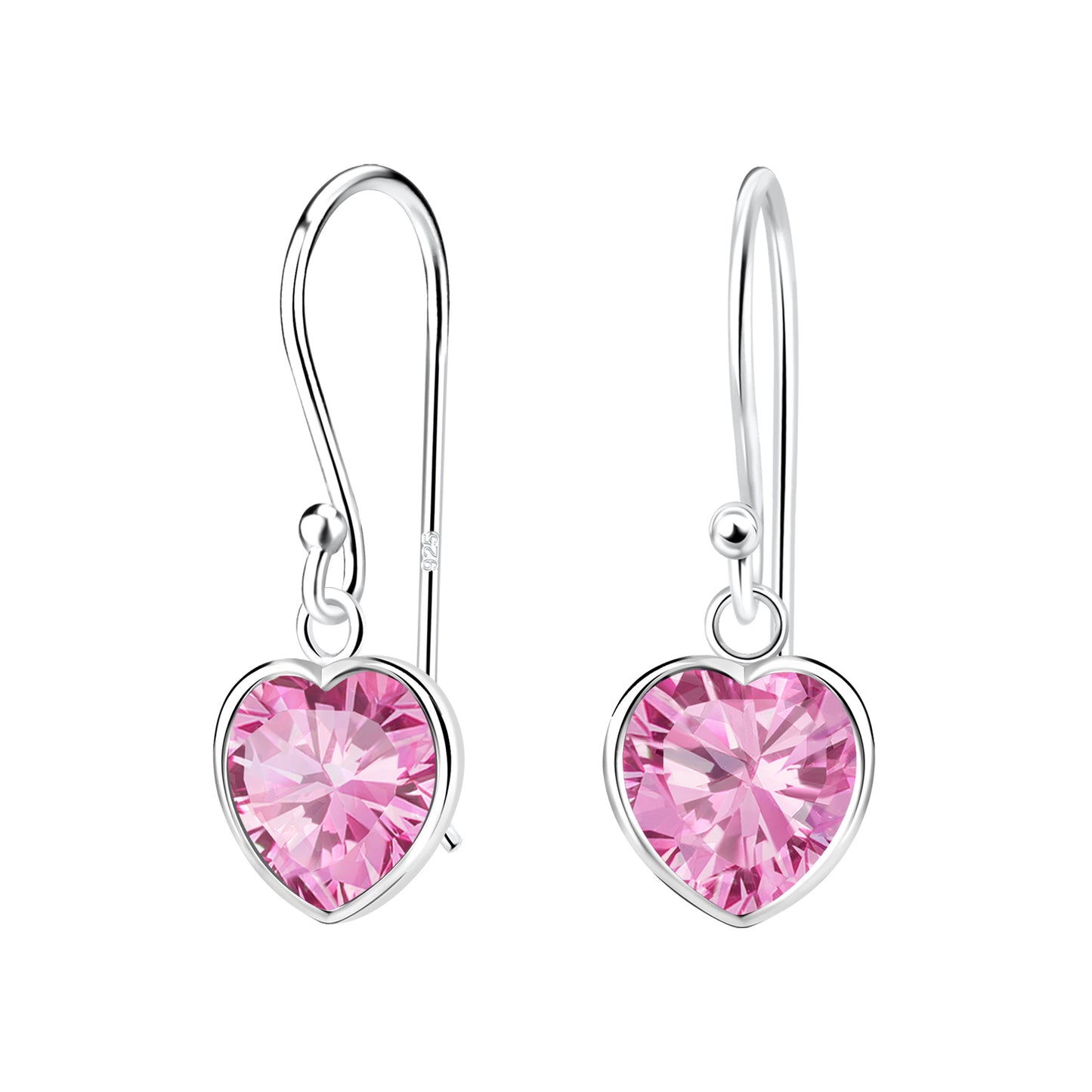 Sterling Silver Hook Earrings with Pink Crystal Heart