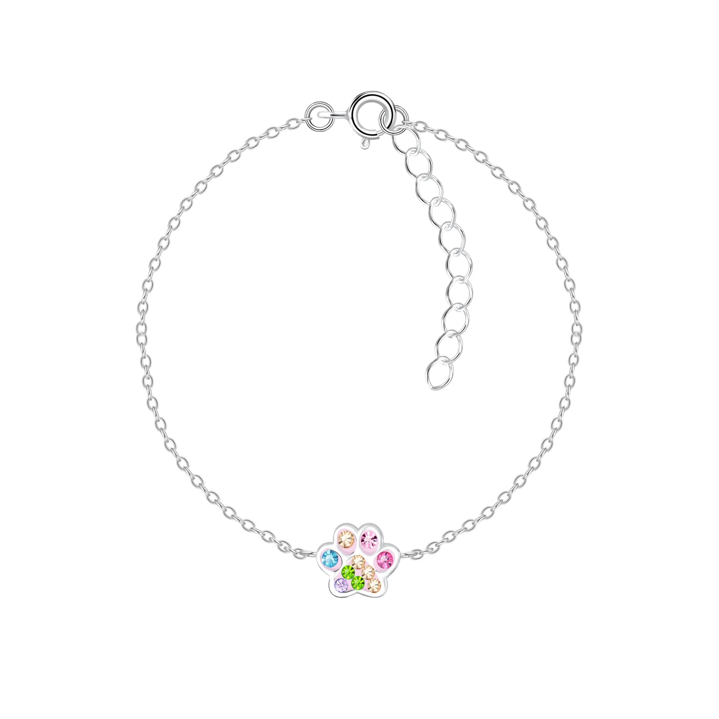 Children's Sterling Silver Coloured Crystal Paw Print Bracelet