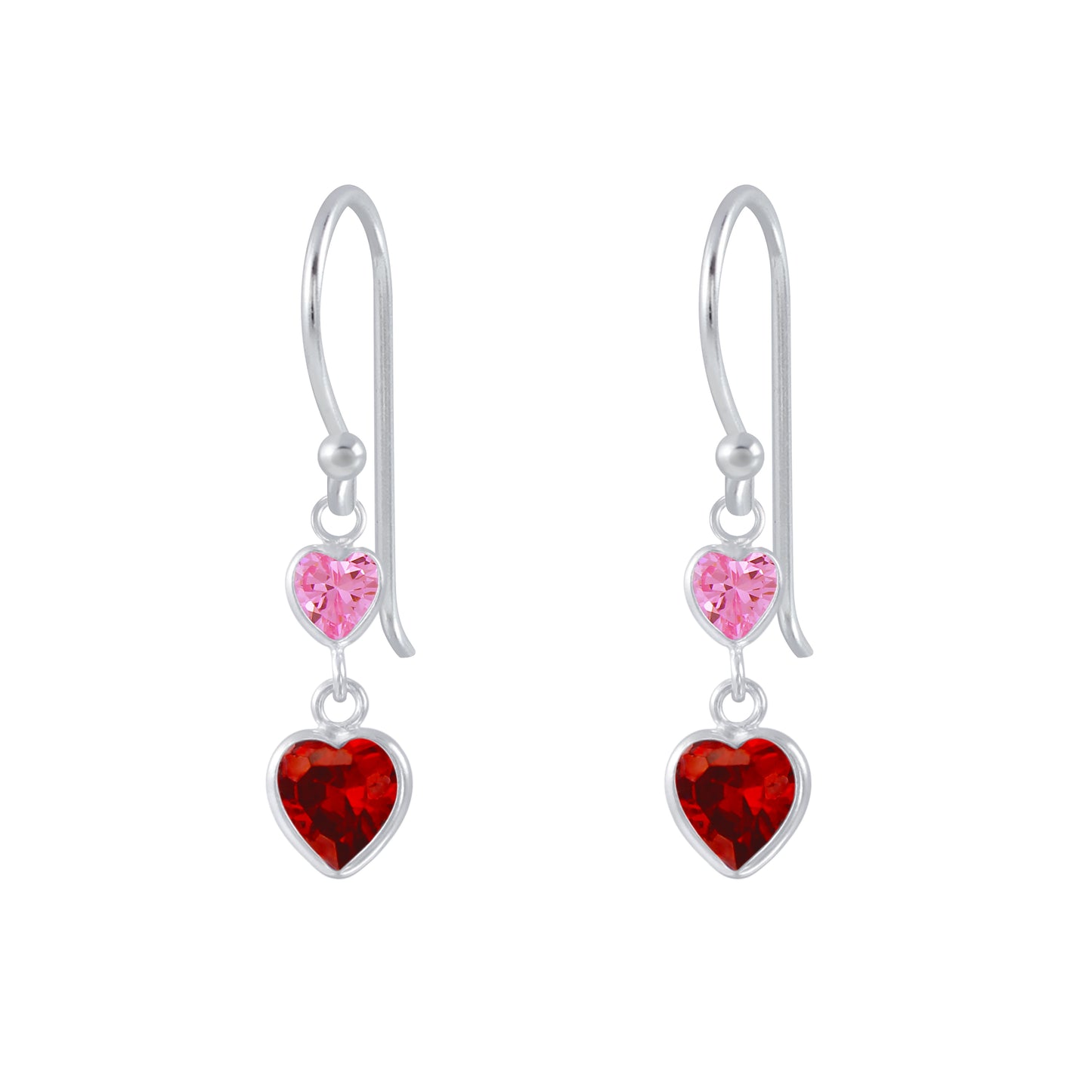 Sterling Silver Hook Earring with Red and Pink Crystal Hearts