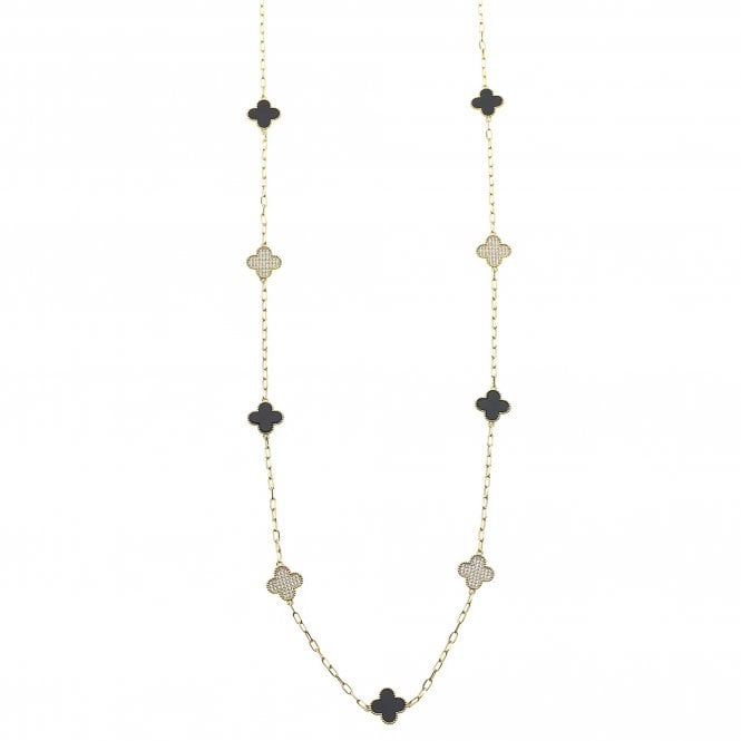 Lana Long Black Enamel and Crystal Quatrefoil Gold Necklace
