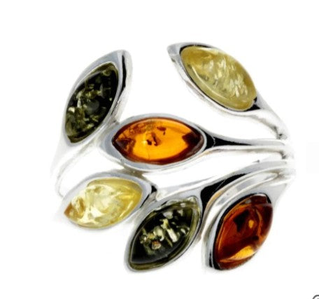 Modern Petal Design Sterling Silver Ring with Multicolour Baltic Amber