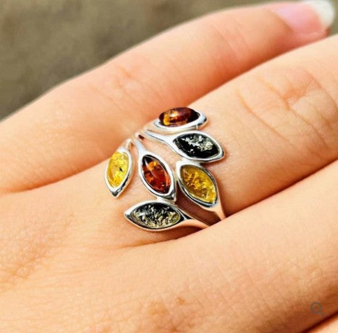 Modern Petal Design Sterling Silver Ring with Multicolour Baltic Amber