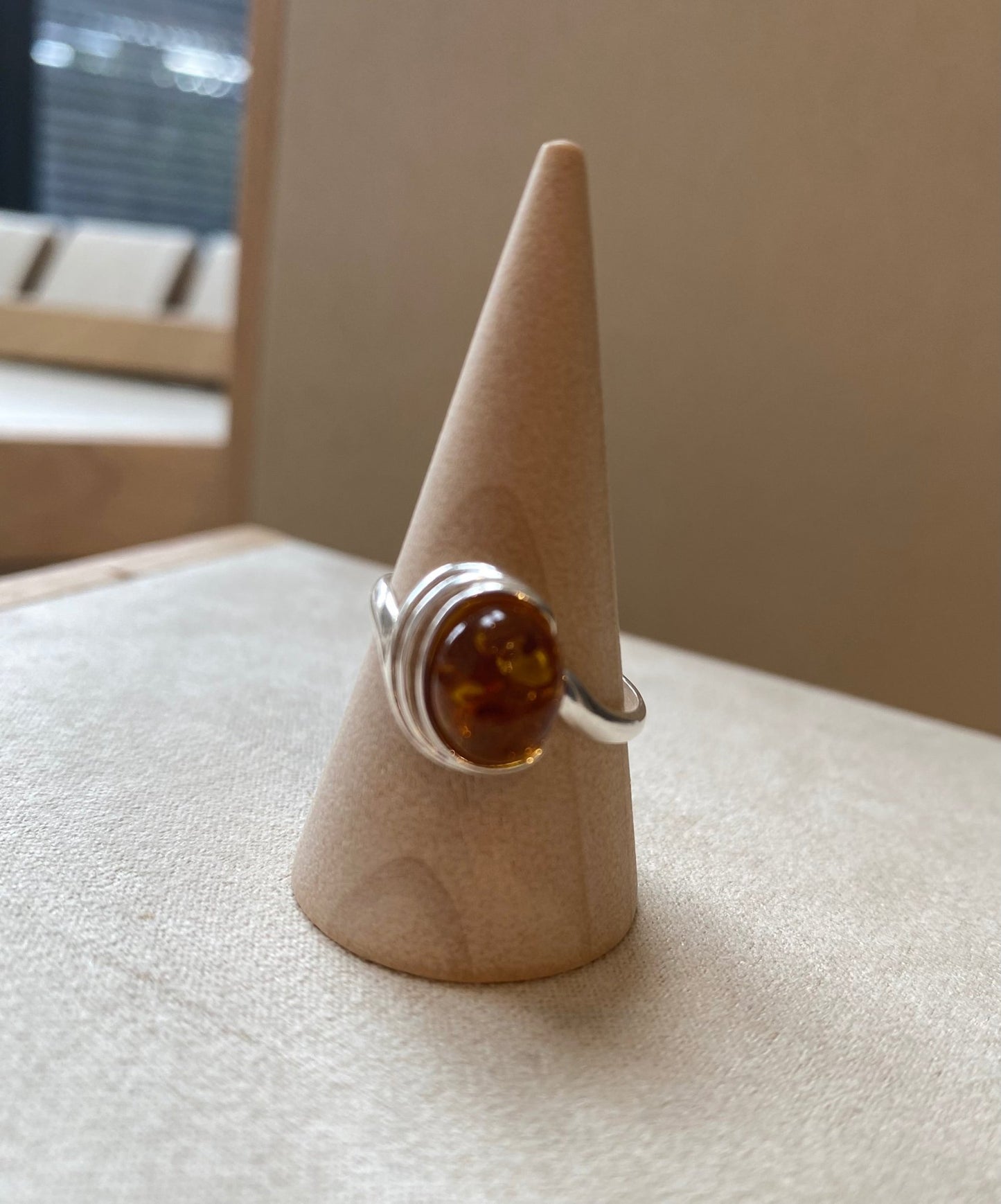 Adjustable Ring in Sterling Silver and Cognac Baltic Amber - Louise's Jewellery Box