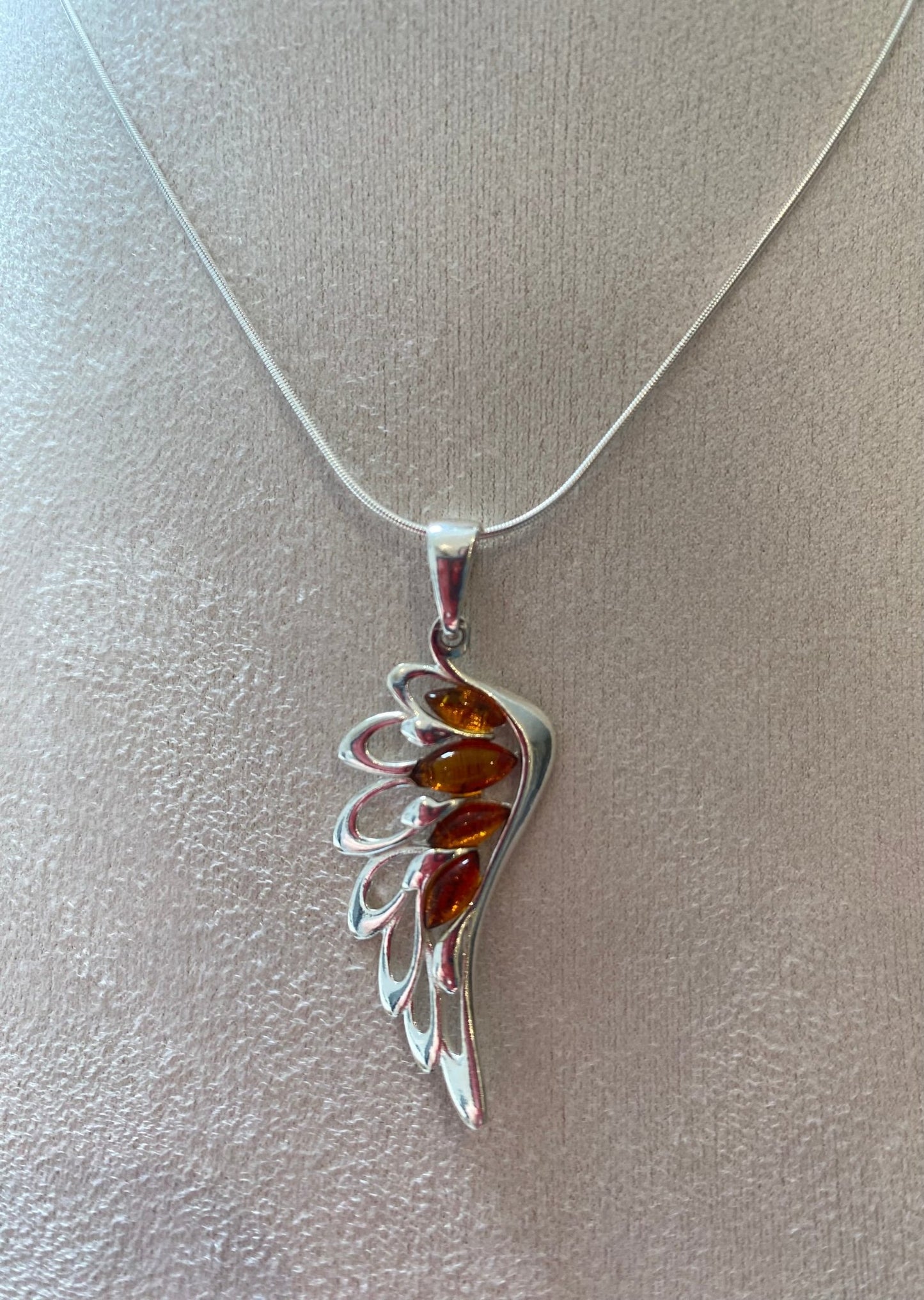 Angel Wing Pendant in Sterling Silver with Cognac Baltic Amber - Louise's Jewellery Box