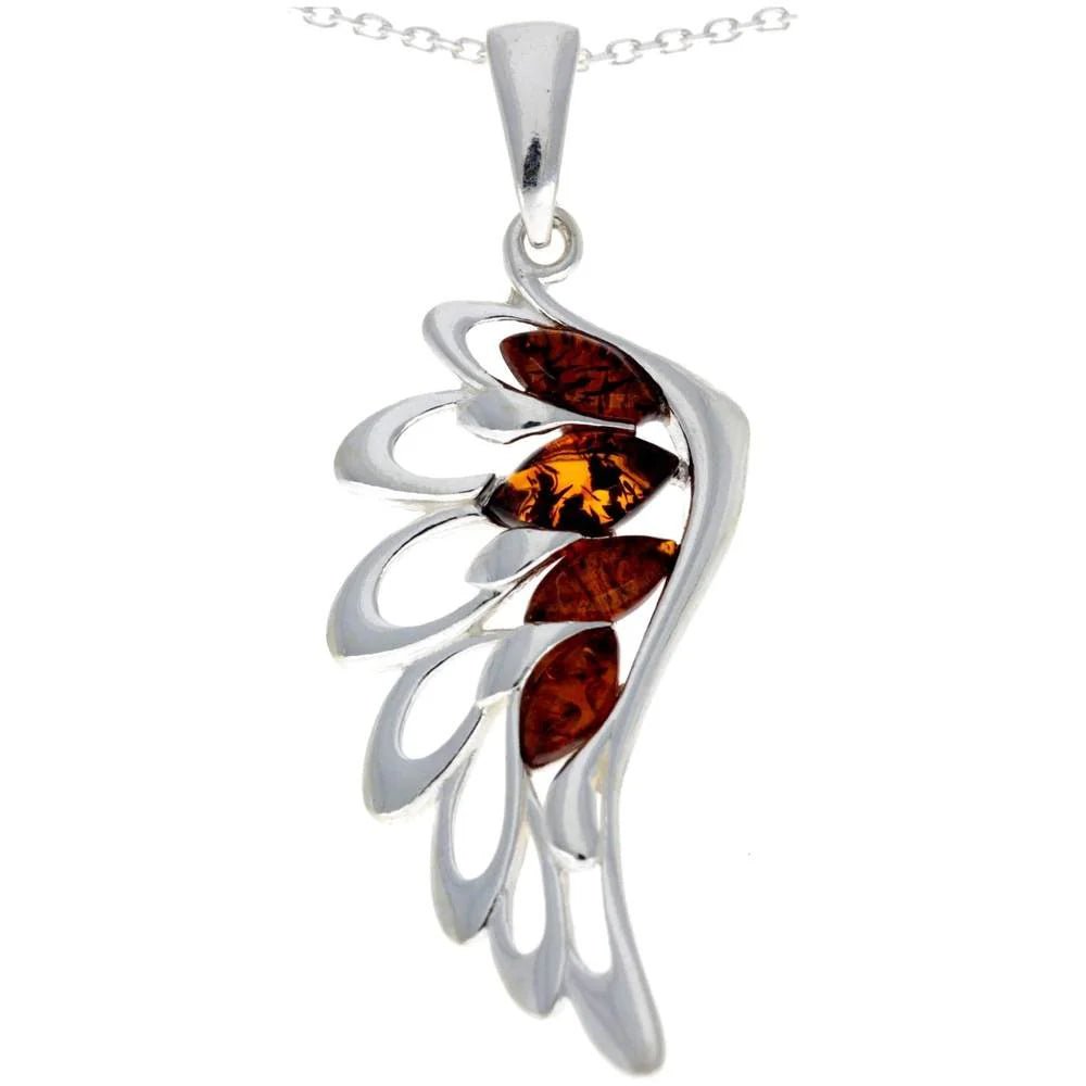 Angel Wing Pendant in Sterling Silver with Cognac Baltic Amber - Louise's Jewellery Box