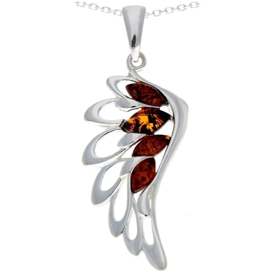 Angel Wing Pendant in Sterling Silver with Cognac Baltic Amber - Louise's Jewellery Box
