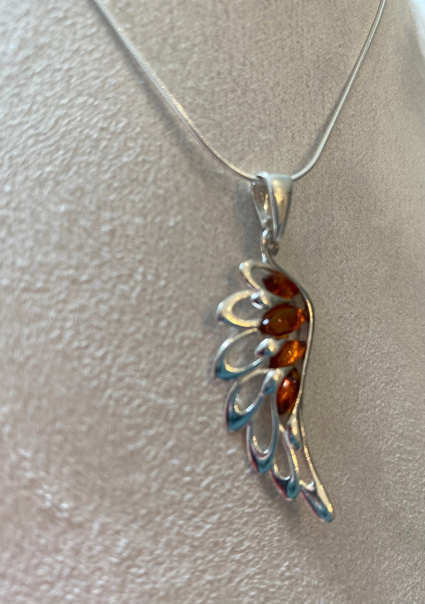 Angel Wing Pendant in Sterling Silver with Cognac Baltic Amber - Louise's Jewellery Box