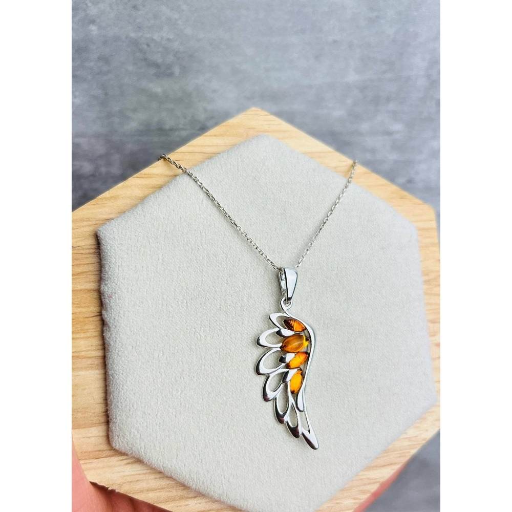 Angel Wing Pendant in Sterling Silver with Cognac Baltic Amber - Louise's Jewellery Box