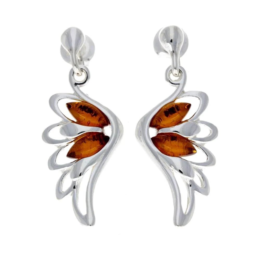Angel Wing Stud Earrings in Sterling Silver with Cognac Baltic Amber - Louise's Jewellery Box