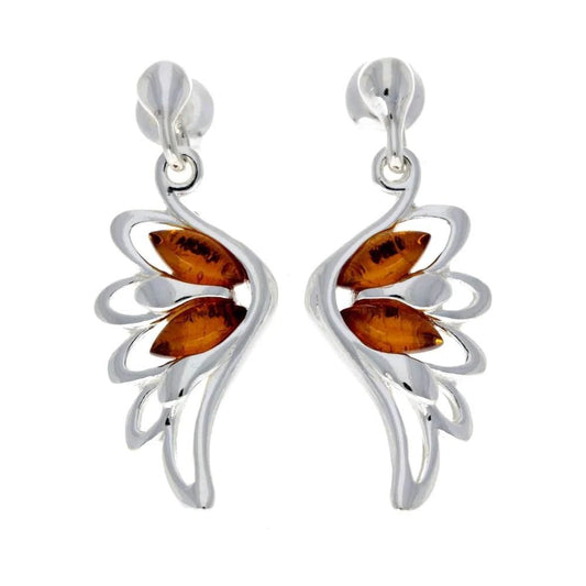 Angel Wing Stud Earrings in Sterling Silver with Cognac Baltic Amber - Louise's Jewellery Box