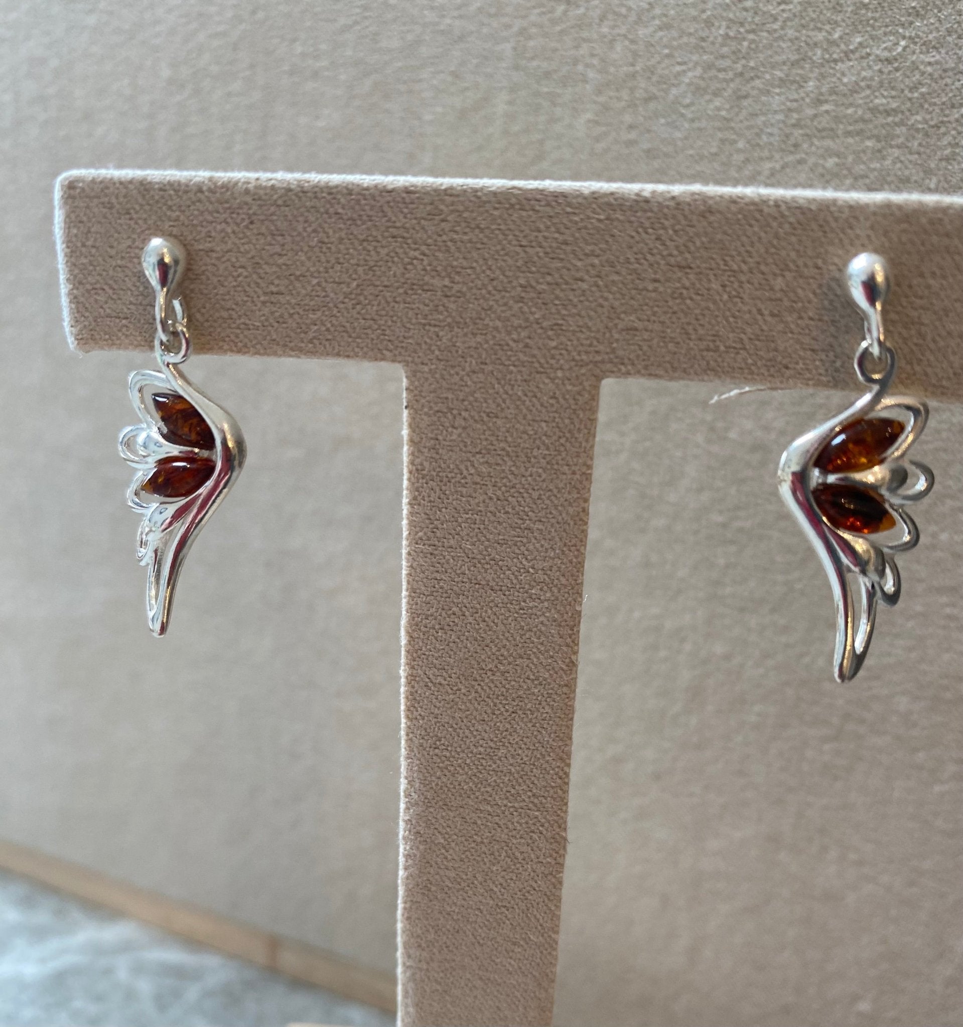 Angel Wing Stud Earrings in Sterling Silver with Cognac Baltic Amber - Louise's Jewellery Box